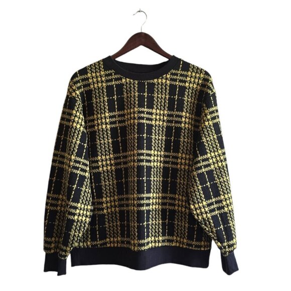 Who What Wear Black & Yellow Plaid Houndstooth Crew Neck Sweater Sz M - Picture 1 of 7
